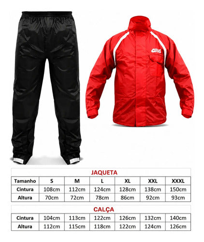 Capa de Chuva Conjunto Givi Nylon Masculina Vermelho Preto Tamanho M
