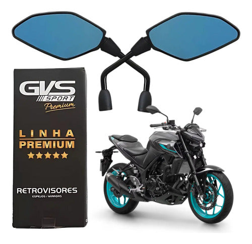 Par de Retrovisores GVS Premium Giro 360 Universal Rosca Yamaha Lente Convexa Azul
