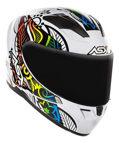 Capacete ASX City Flowers Branco Preto Colorido Brilhante