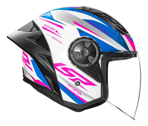 Capacete Aberto LS2 OF616 Airflow II Draze com Spoiler Branco Azul Rosa Brilhante