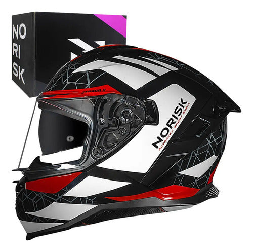 Capacete Norisk Strada II Evoque com Óculos Solar Preto Branco Vermelho Brilhante