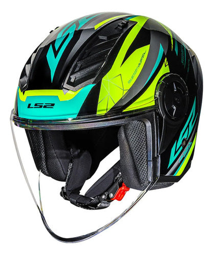 Capacete Aberto LS2 OF616 Airflow II Draze com Spoiler Preto Amarelo Verde Brilhante