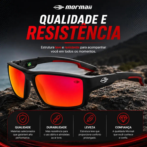 Óculos De Sol Mormaii Joaca 4 Armação Preto Fosco Com Detalhes Vermelhos Lente Espelhado Vermelha