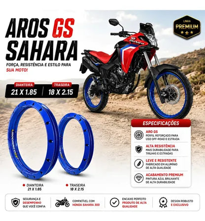 Par de Aros de Roda GS Monaco Honda Xre Sahara Tornado 300 1.85x21 e 2.15x18 Azul
