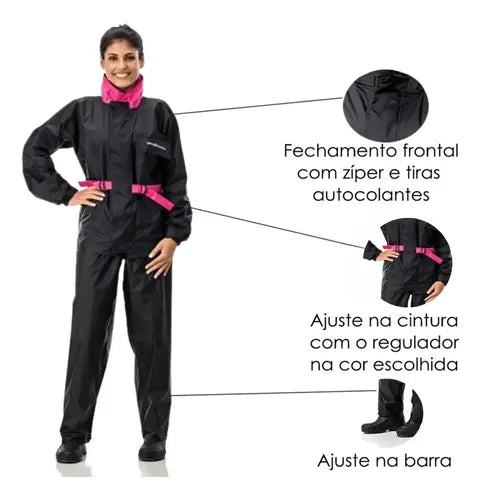Capa de Chuva Conjunto Pantaneiro Nylon com Gola Feminina Preto Rosa