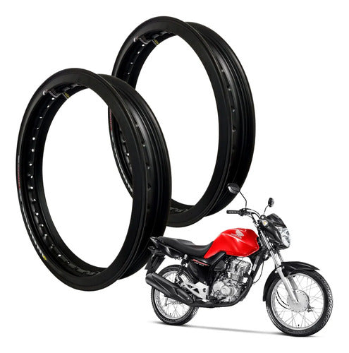 Par de Aros de Roda Motard Monaco Honda Cg 150 160 Titan Fan Start 2.15x18 e 2.50x18 Preto Brilhante