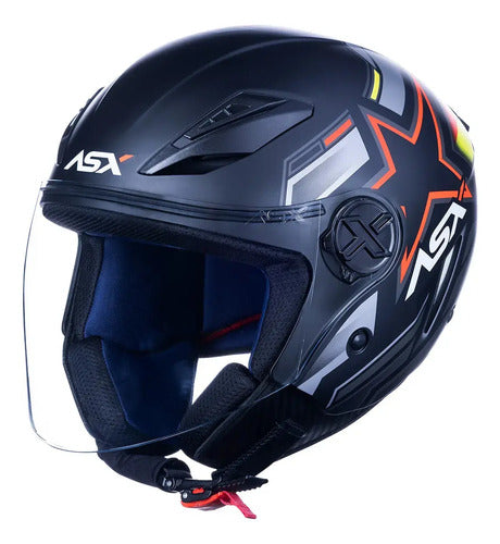Capacete Aberto ASX City Air Pilot Preto Vermelho Amarelo Fosco