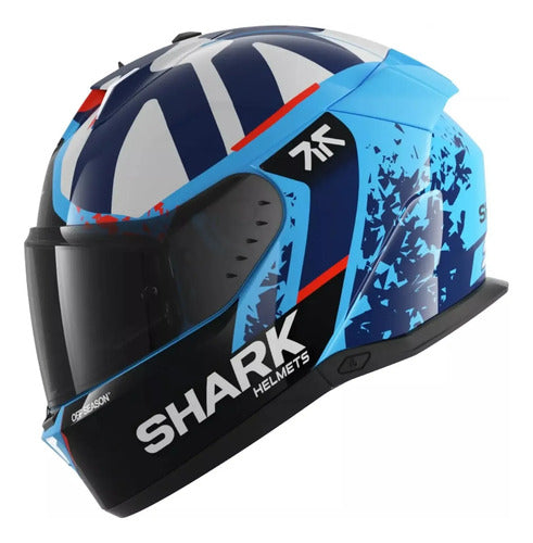 Capacete Shark Skwal i3 Raul Fernandez com Óculos Solar Interno Azul Branco Brilhante