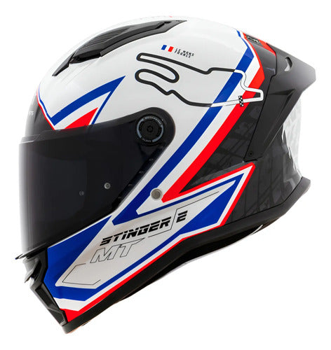 Capacete MT Helmets Stinger 2 Grand Prix França Branco Azul Vermelho Brilhante