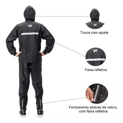 Capa de Chuva Conjunto Pantaneiro Nylon com Capuz Preto