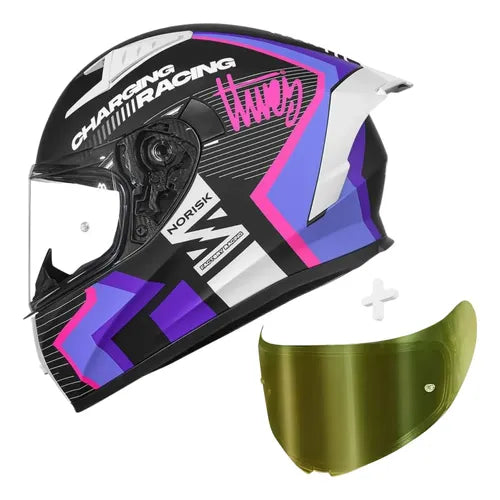 Capacete Norisk Flow Vizion com Spoiler Roxo Rosa Preto Brilhante Tamanho 60/L