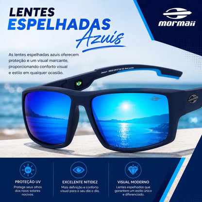 Óculos De Sol Mormaii Solar Joaca 4 Azul Fosco Com Detalhes Azuis Lente Espelhada Azul Curvado