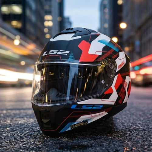 Capacete LS2 FF808 Stream II Mika com Óculos Solar Interno Branco Azul Vermelho