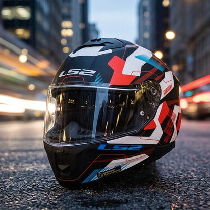 Capacete LS2 FF808 Stream II Mika com Óculos Solar Interno Branco Azul Vermelho