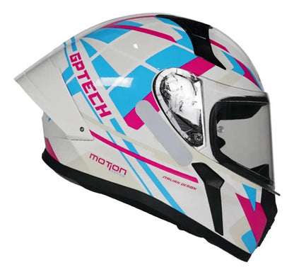 Capacete GP Tech Sense Motion Branco Azul Rosa Brilhante Tamanho 56
