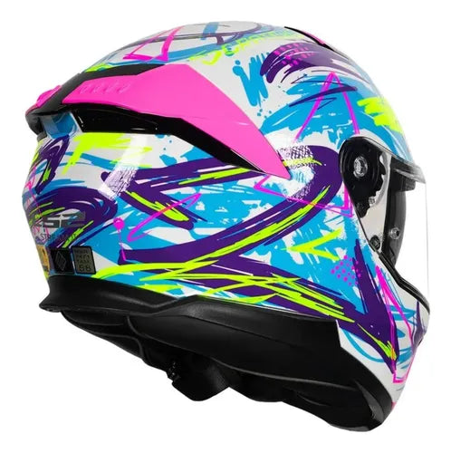 Capacete LS2 FF808 Stream II Scratches com Óculos Solar Interno Branco Roxo Rosa Fosco