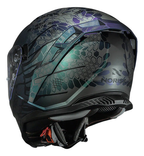 Capacete Norisk Strada II Cobra com Óculos Solar Interno Azul Verde Roxo Brilhante
