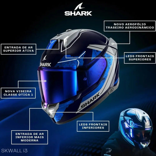 Capacete Shark Skwal i3 Raul Fernandez com Óculos Solar Interno Azul Branco Brilhante