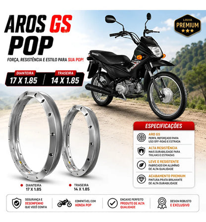Par de Aros de Roda GS Monaco Honda Pop 100 Pop 110i Biz 110i 1.85x17 e 1.85x14 Prata Cromado