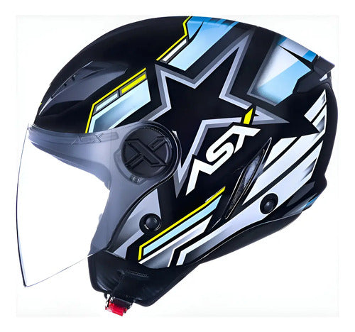 Capacete Aberto ASX City Air Pilot Preto Azul Amarelo Brilhante
