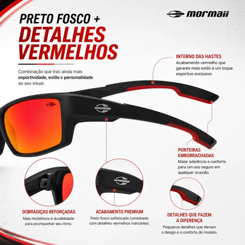 Óculos De Sol Mormaii Joaca 4 Armação Preto Fosco Com Detalhes Vermelhos Lente Espelhado Vermelha