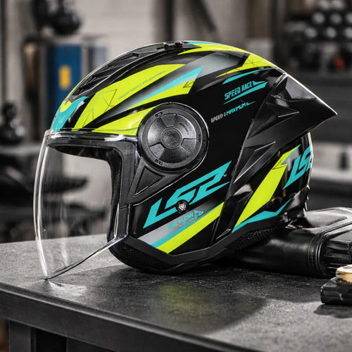 Capacete Aberto LS2 OF616 Airflow II Draze com Spoiler Preto Amarelo Verde Brilhante