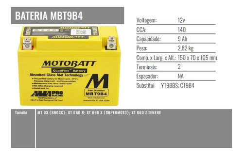 Bateria Motobatt MBT9B4 AGM 12V 9Ah Yamaha Xmax 250 Ténéré Mt-03 660 Xt 660r Xt 660x Yzf-R6