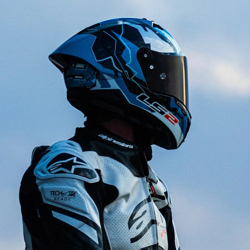 Capacete LS2 FF805 Thunder C GP Huertas Replica com Spoiler Azul Preto Brilhante