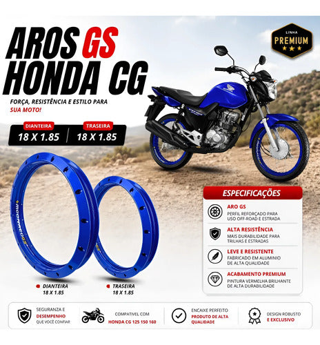 Par de Aros de Roda GS Monaco Honda Cg 125 150 160 Titan Fan Start 1.85x18 Azul
