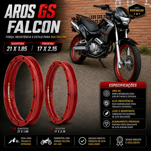Par de Aros de Roda GS Monaco Honda Nx 400 Falcon 1.85x21 e 2.15x17 Vermelho