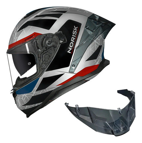 Capacete Norisk Strada II Evoque com Óculos Solar Interno Prata Vermelho Azul