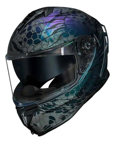 Capacete Norisk Strada II Cobra com Óculos Solar Interno Azul Verde Roxo Brilhante
