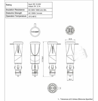 Carregador de Celular USB Duplo Motocom MT102 Plug DIN Hella 12V/24V