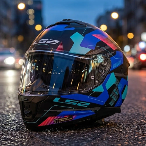 Capacete LS2 FF808 Stream II Mika com Óculos Solar Interno Preto Azul Fosco