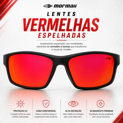 Óculos De Sol Mormaii Joaca 4 Armação Preto Fosco Com Detalhes Vermelhos Lente Espelhado Vermelha