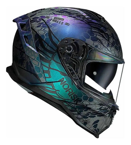 Capacete Norisk Strada II Cobra com Óculos Solar Interno Azul Verde Roxo Brilhante