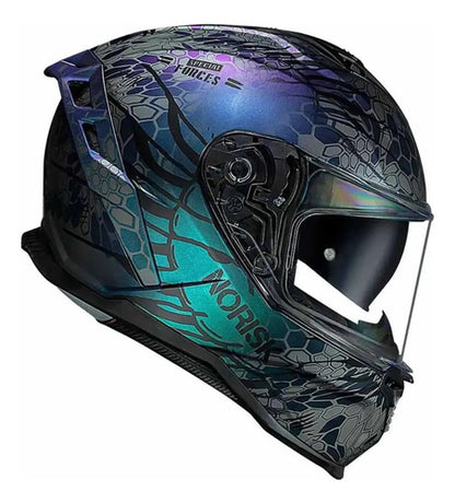 Capacete Norisk Strada II Cobra com Óculos Solar Interno Azul Verde Roxo Brilhante