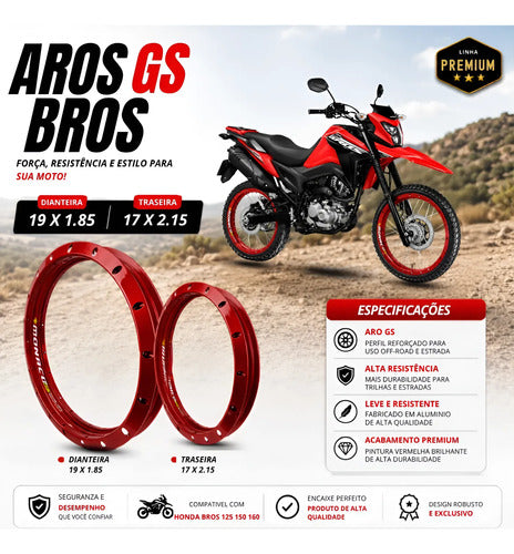 Par de Aros de Roda GS Monaco Honda Bros 125 150 160 1.85x19 e 2.15x17 Vermelho