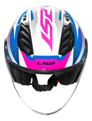 Capacete Aberto LS2 OF616 Airflow II Draze com Spoiler Branco Azul Rosa Brilhante