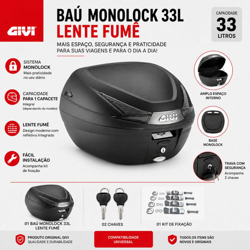 Bauleto Baú Traseiro Givi B330NT Monolock 33 Litros Lente Fumê