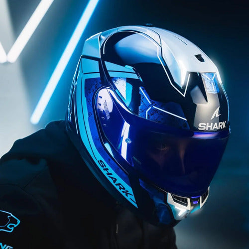 Capacete Shark Skwal i3 Raul Fernandez com Óculos Solar Interno Azul Branco Brilhante