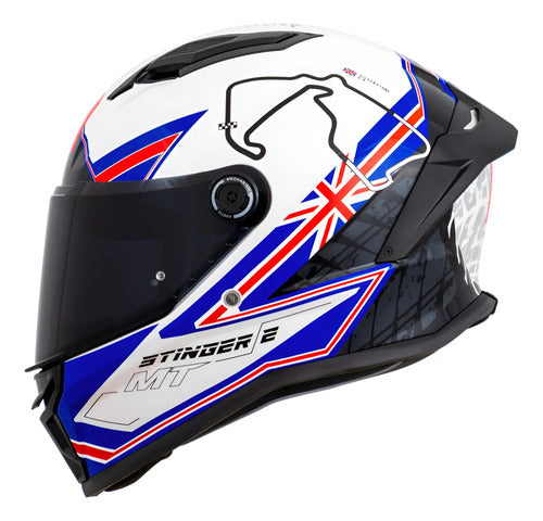 Capacete MT Helmets Stinger 2 Grand Prix Reino Unido Branco Azul Vermelho Brilhante