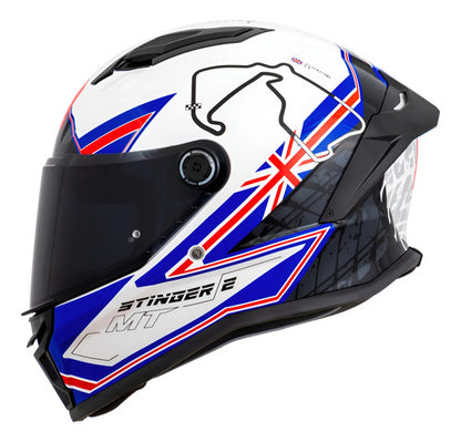 Capacete MT Helmets Stinger 2 Grand Prix Reino Unido Branco Azul Vermelho Brilhante
