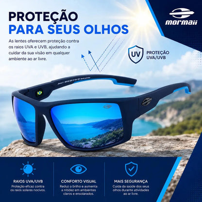 Óculos De Sol Mormaii Solar Joaca 4 Azul Fosco Com Detalhes Azuis Lente Espelhada Azul Curvado