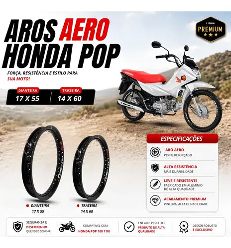 Par de Aros de Roda Aero Slim Monaco Honda Biz 125 Biz 110i Pop 110i 17x55 e 14x60 Preto Brilhante