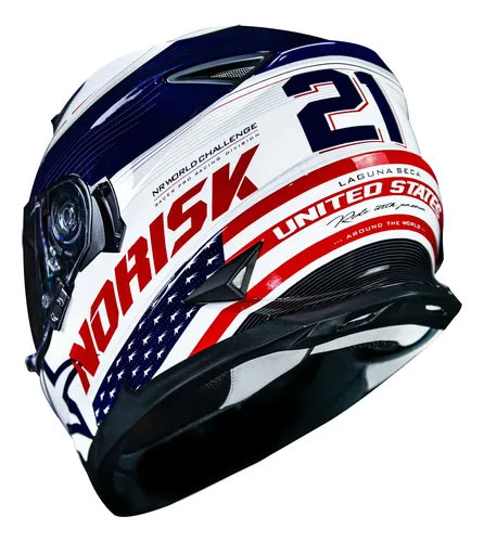 Capacete Norisk FF302 Grand Prix USA com Óculos Solar Interno Branco Azul Brilhante Tamanho 58/M