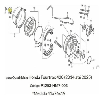 Retentor da Tampa do Tambor de Freio Traseiro Iron Honda Trx 420 Fourtrax 2014 a 2024 41x76x19 mm