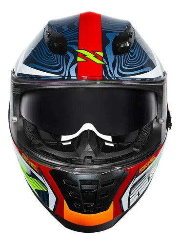 Capacete Norisk FF302 Soul II Control com Óculos Solar Interno Azul Laranja Brilhante Tamanho 56/S