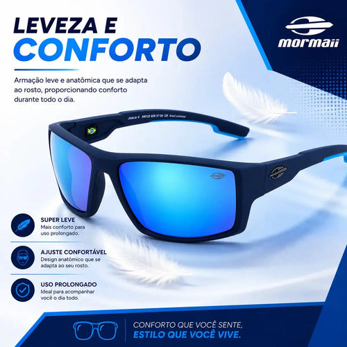 Óculos De Sol Mormaii Solar Joaca 4 Azul Fosco Com Detalhes Azuis Lente Espelhada Azul Curvado