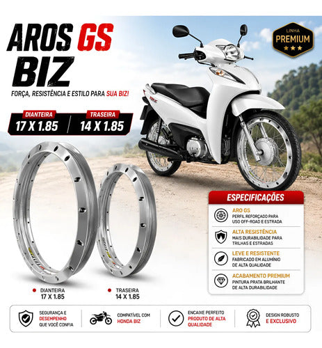 Par de Aros de Roda GS Monaco Honda Biz 125 Biz 110i 1.85x17 e 1.85x14 Prata Cromado